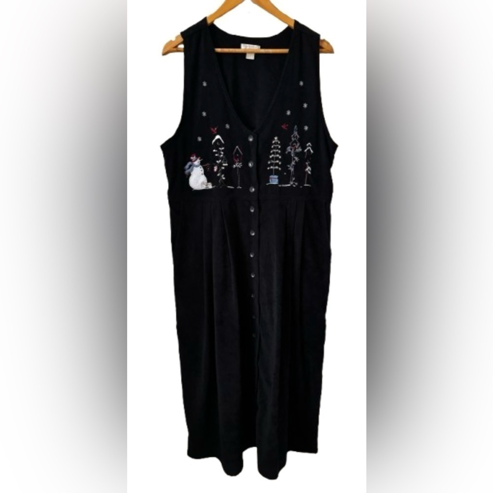 Y2K blk velvet midi jumper w holiday embroidery SZ L eclectic grandma ugly